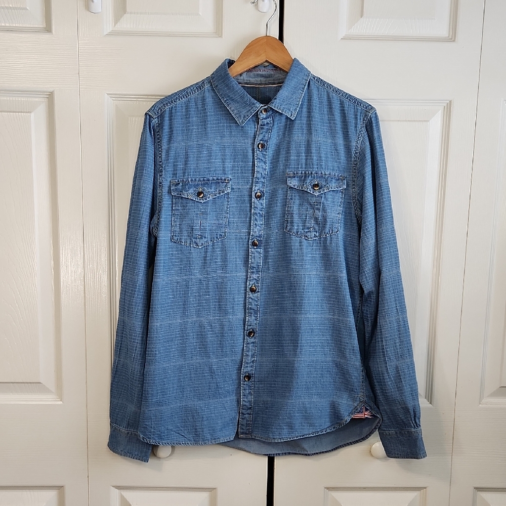Lon NYC Mens Denim Long Sleeve Button Up SZ SM/MED London Western Pockets‎ RARE